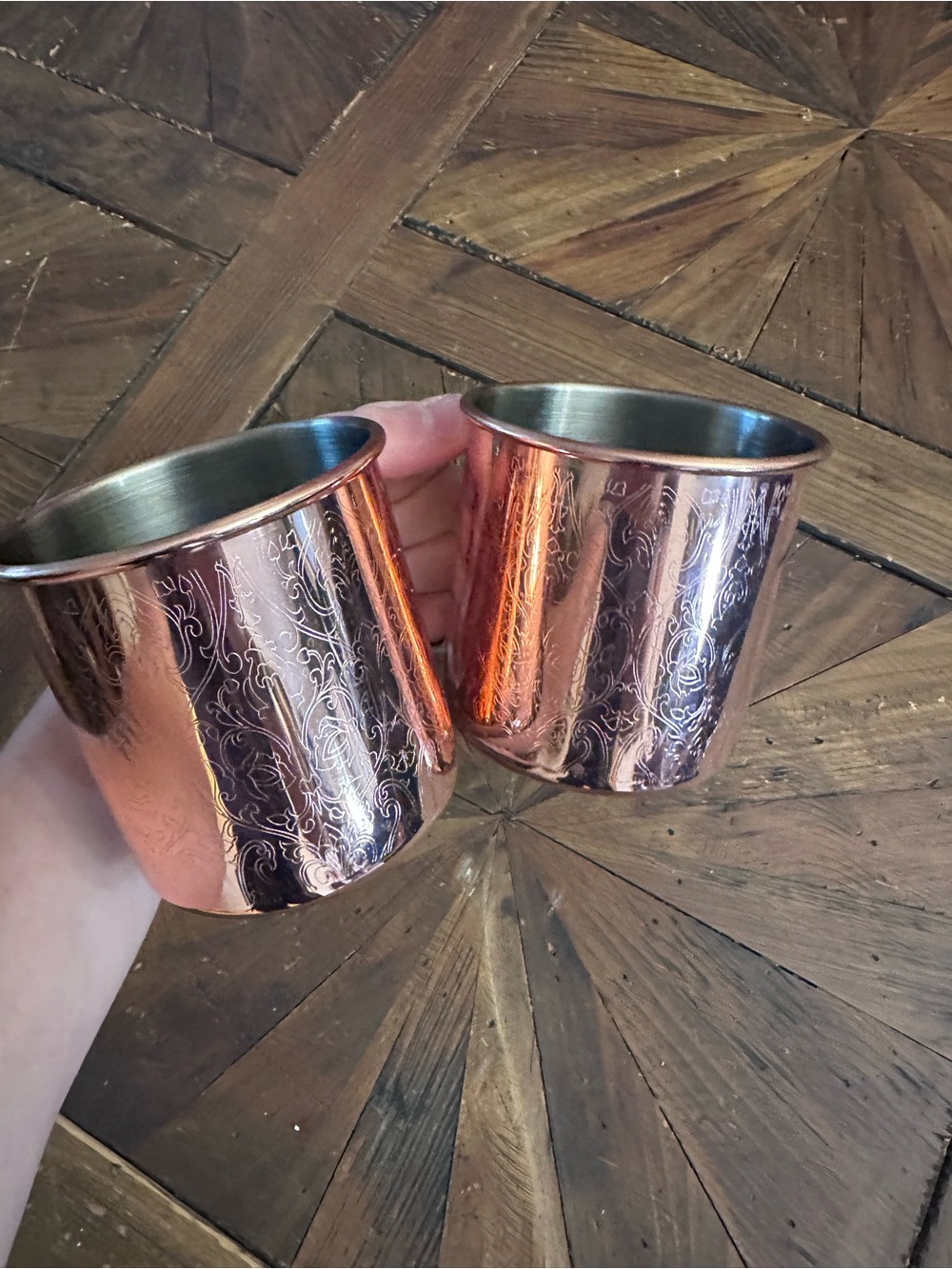 Engraved Rose Copper Mug Set - Decorative Double Tumbler Pair